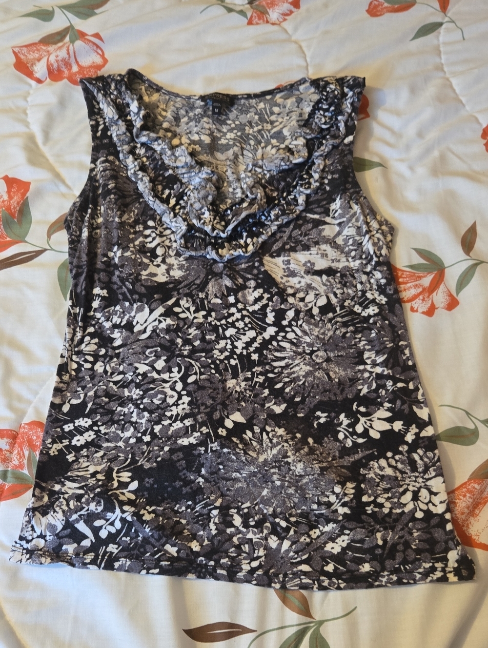 3/$20 Express Floral Print Ruffle Cowl Neck Tank Top in Black and White